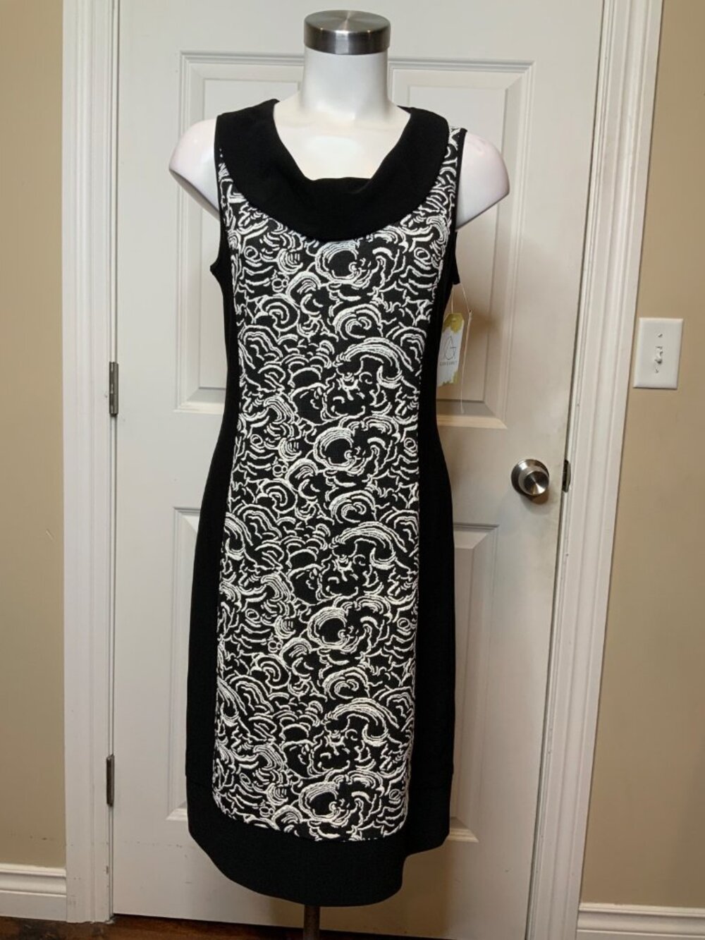Joseph Ribkoff Black White Cloud Patterned Cowl Neck Sheath Dress Size 10, NWT!